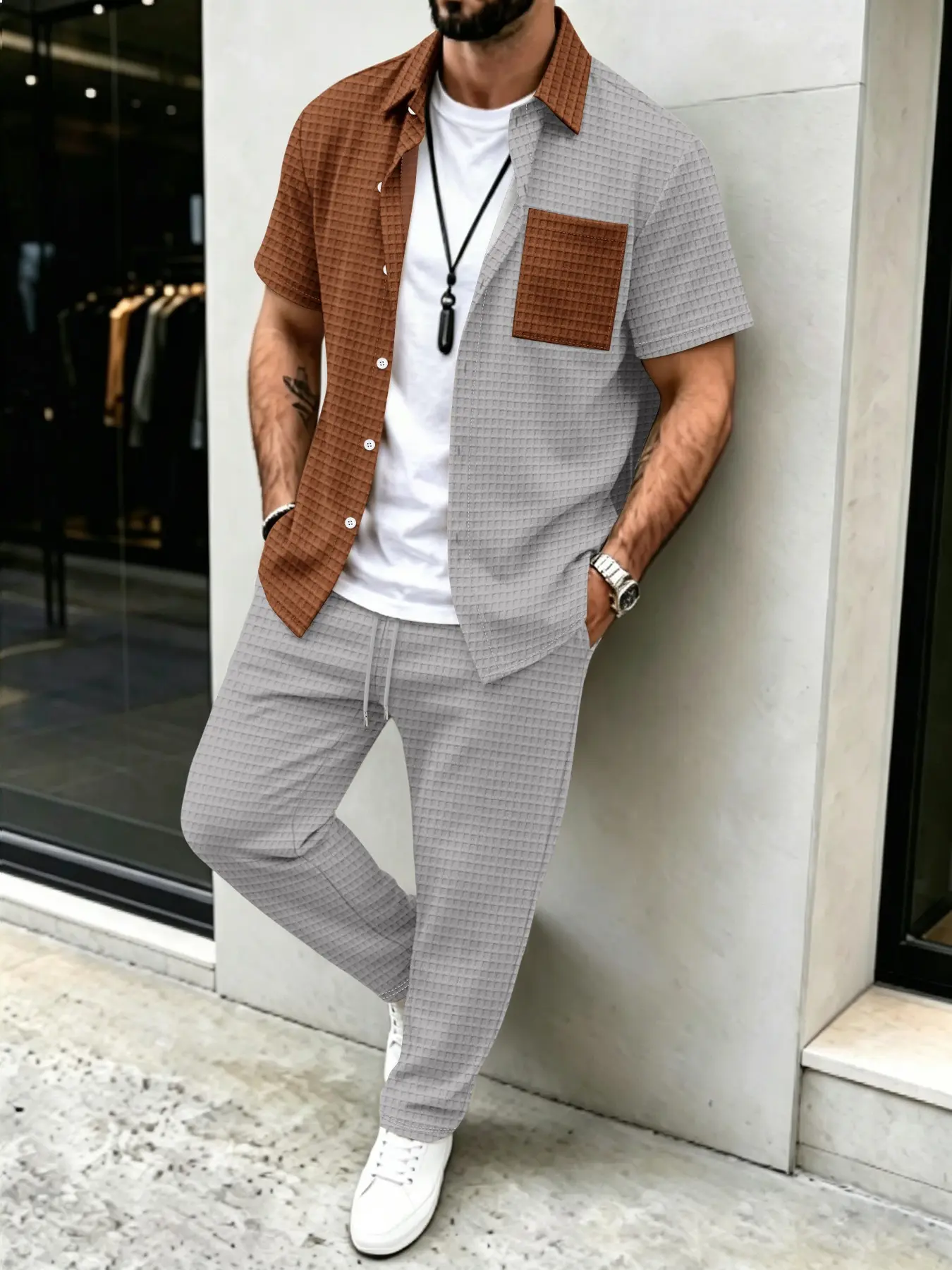 Men's Solid Waffle Pattern Cas - Mens Fashion Clothes 评论和价格