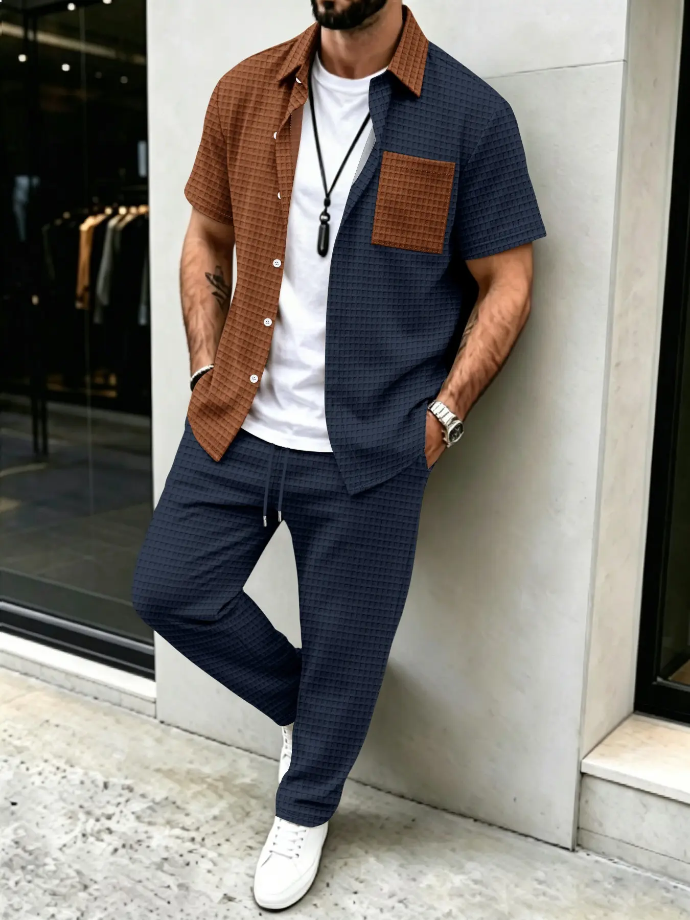 Men's Solid Waffle Pattern Cas - Mens Fashion Clothes 评论和价格