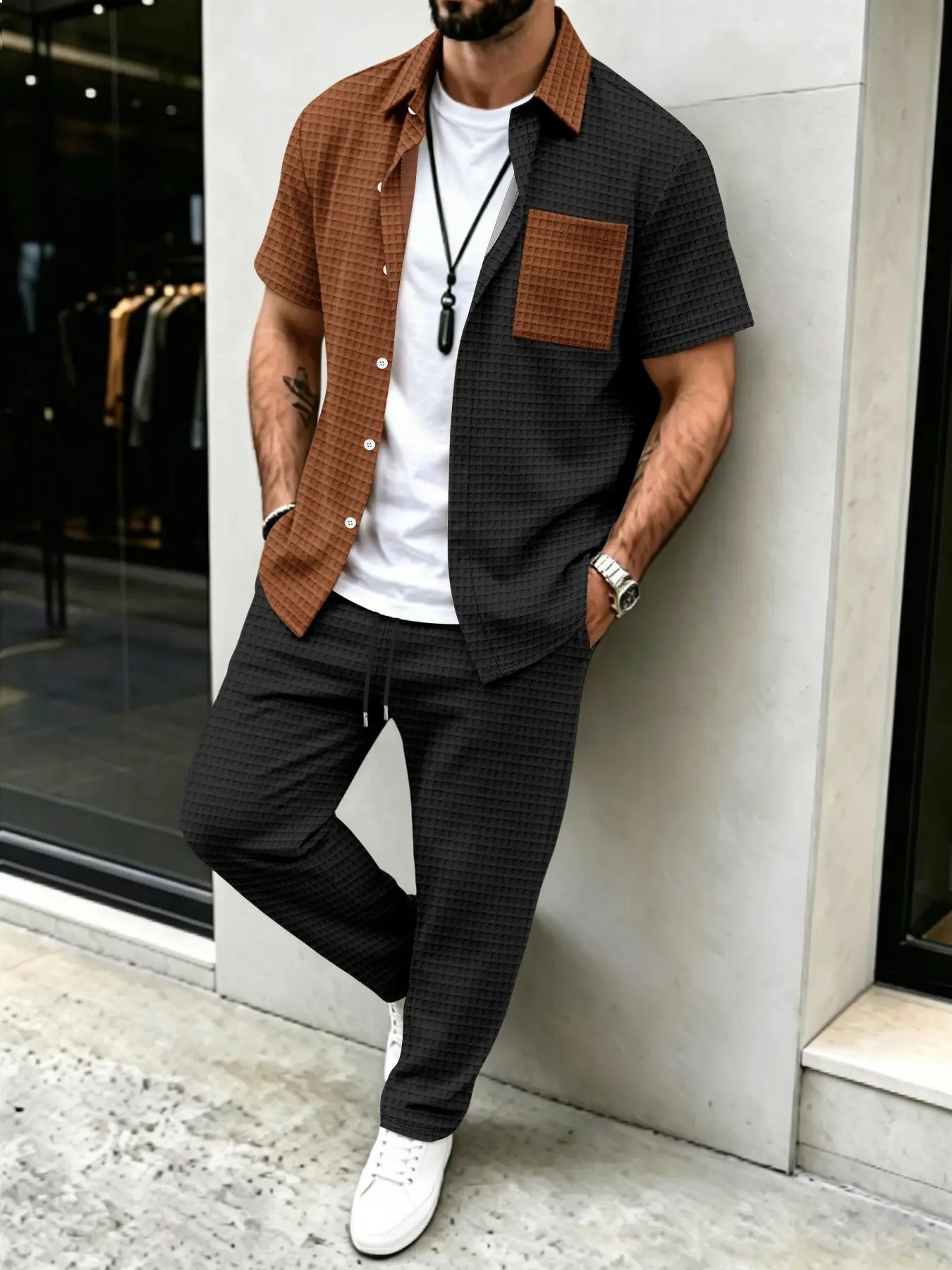 Men's Solid Waffle Pattern Cas - Mens Fashion Clothes 评论和价格